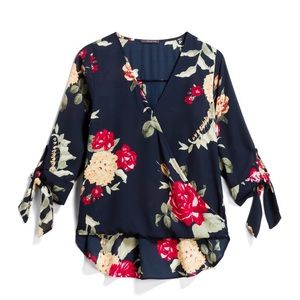 Floral Print Tie Sleeve High Low Blouse